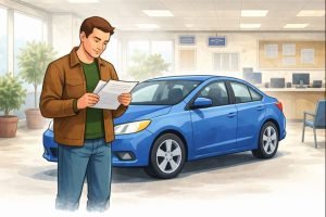 Illustration showing a driver reviewing insurance documents next to a car in a neutral office setting