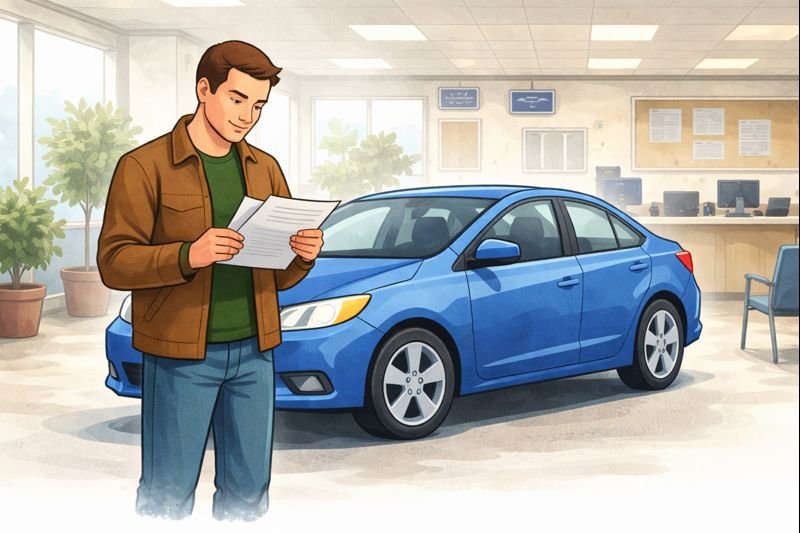 Illustration showing a driver reviewing insurance documents next to a car in a neutral office setting