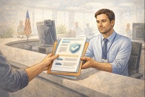 Illustration of insurance documents being submitted at a government service counter