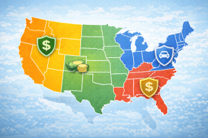 Illustration of a U.S. map with highlighted regions representing insurance cost differences