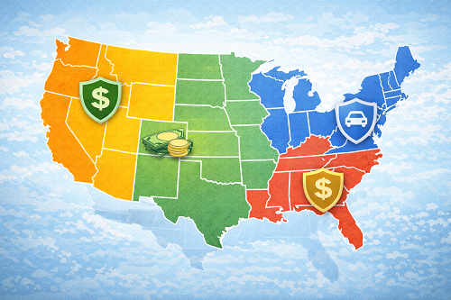 Illustration of a U.S. map with highlighted regions representing insurance cost differences