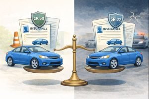 Illustration comparing two insurance paths using visual balance or split layout