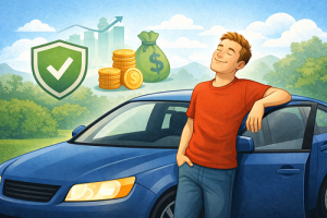 Illustration of a driver looking relieved after securing affordable insurance coverage
