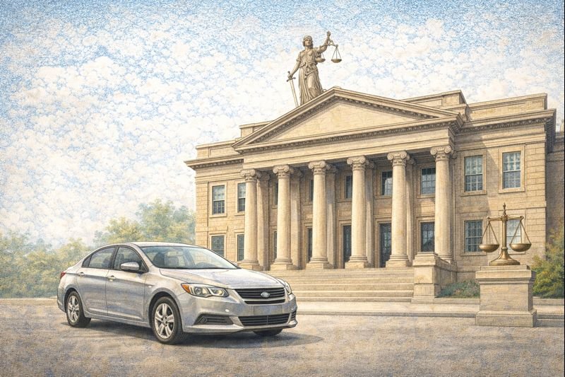 Illustration of a courthouse and car representing state-level insurance laws